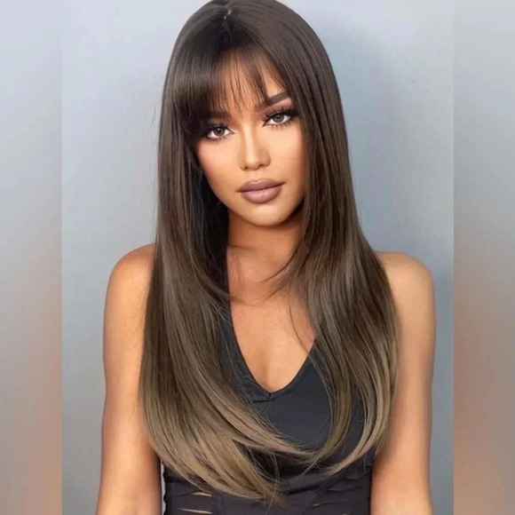 Brown To Dark Blonde hair Wig with Bangs 20” - Picture 1 of 11